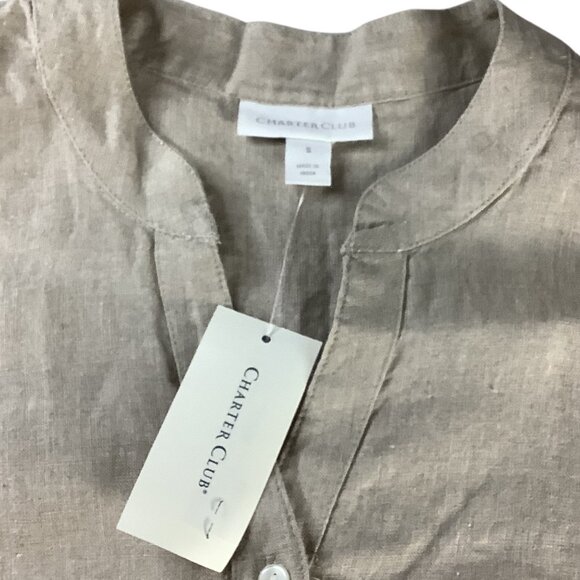 Charter Club Women's Flax Button Front Tie Hem Shirt Size S Collarless - Picture 13 of 14